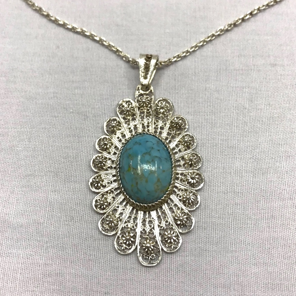 turquoise matrix glass& filigree pendant necklace